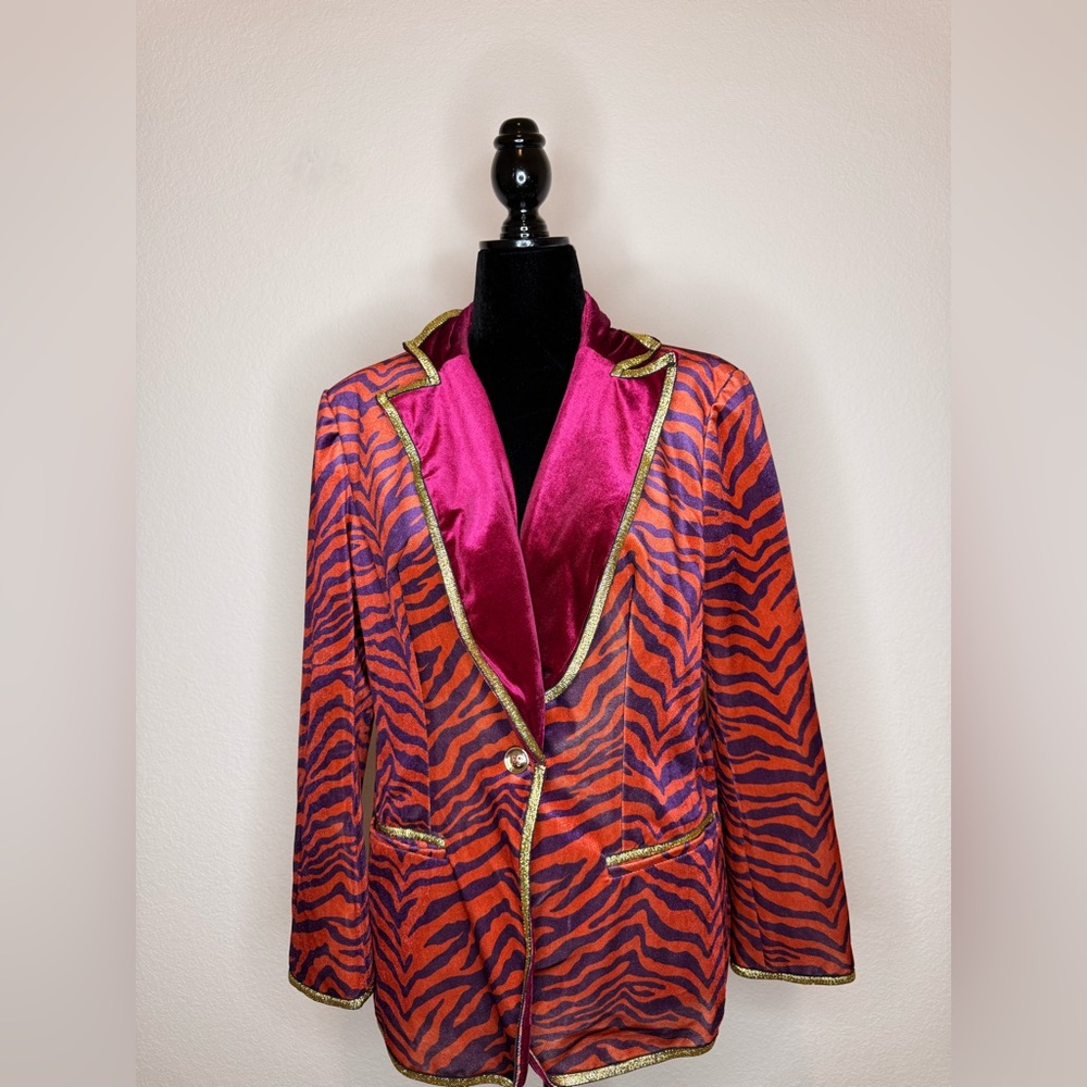 Elegant Zebra Print Blazer with Gold Trim